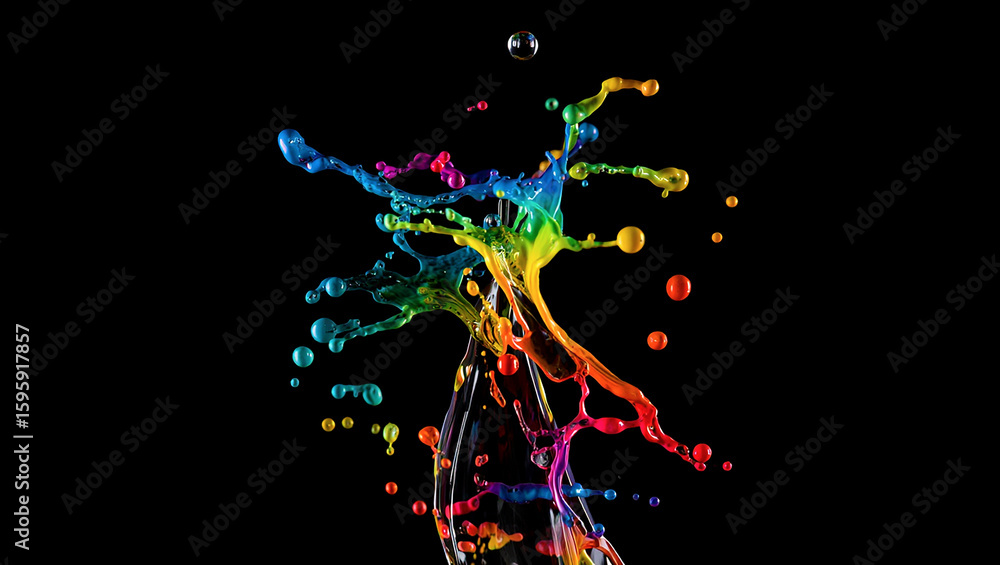 Obraz premium Vibrant Rainbow Paint Explosion Capturing Dynamic Motion and Colorful Splashes Against a Dark Backdrop, Showcasing Fluid Artistry