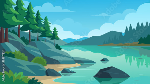 forested lake shore soft mossy rocks crystal