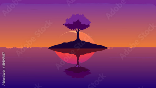 lone tree on small island reflective lake