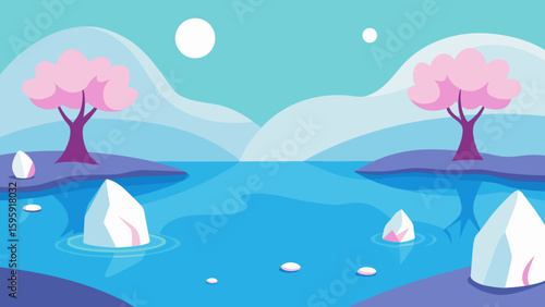 springtime lake blossoming trees white snow