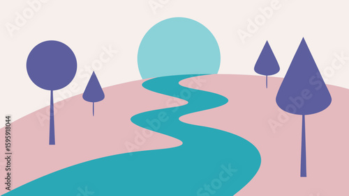 stylized calm river bend abstract geometric