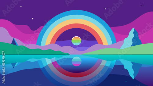 surreal landscape mirrored water rainbow aura