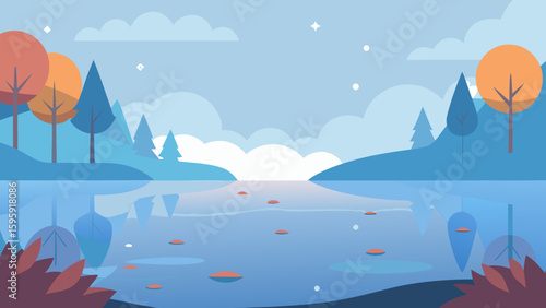 tranquil lakeside fallen leaves water surface