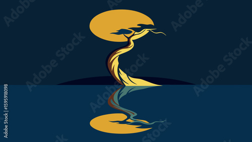 twisted tree reflected still water golden