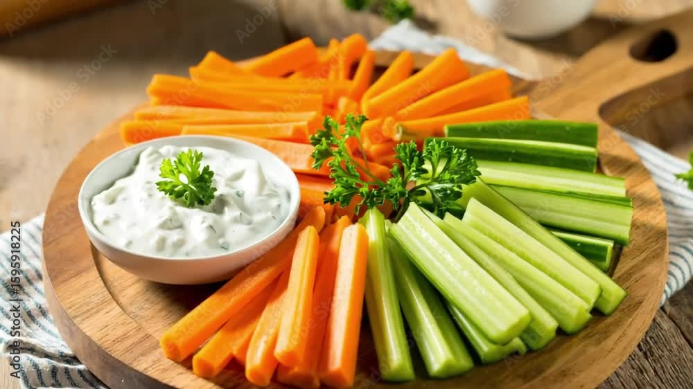 Vibrant and Healthy Vegetable Platter Featuring Fresh Carrots and Celery with Dip Vibrant and Healthy Vegetable Platter Featuring Fresh Carrots and Celery with Dip