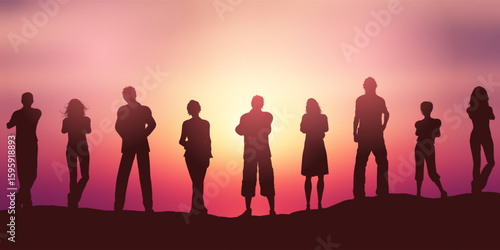 People silhouettes social distancing against a sunset sky