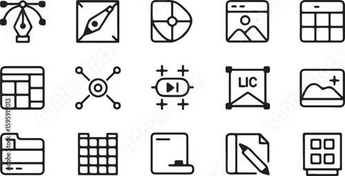 Set of nine different minimal black and white icons representing various concepts such as design media calendar and more perfect for web or application interfaces