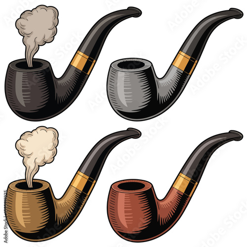 Four vintage smoking pipes with smoke rising from two of them