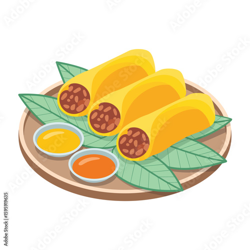 Delicious spring rolls with dipping sauces on a plate