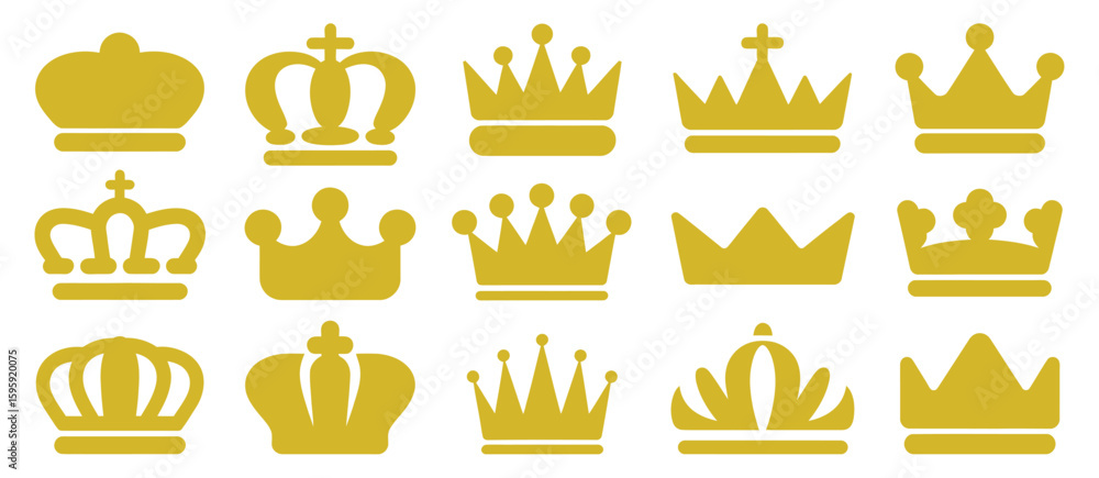 Collection of golden royal crowns and tiaras on white background Collection of golden royal crowns and tiaras on white background