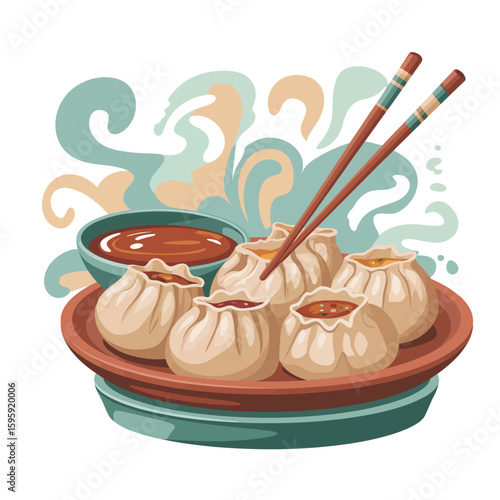 Delicious steamed dumplings with dipping sauce and chopsticks