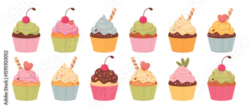 Collection of colorful decorative cupcakes with frosting and toppings