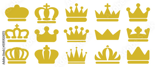 Collection of golden royal crowns and tiaras on white background