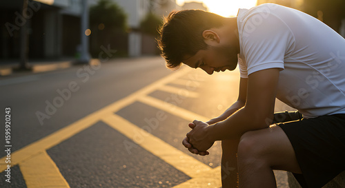 Exhausted young athlete sits alone on curb after difficult workout