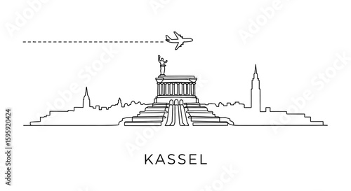 Kassel Skyline Minimalist Art with Airplane Travel.
