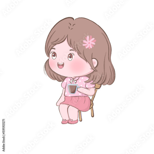 cute girl with coffee clipart in pink dress cartoon style flat design for children artwork
