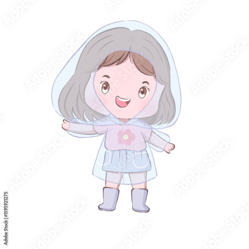 cute girl Put on a raincoat clipart in pink dress cartoon style flat design for children artwork