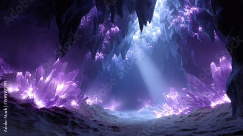 Glowing Purple Crystals in a Dark Cave