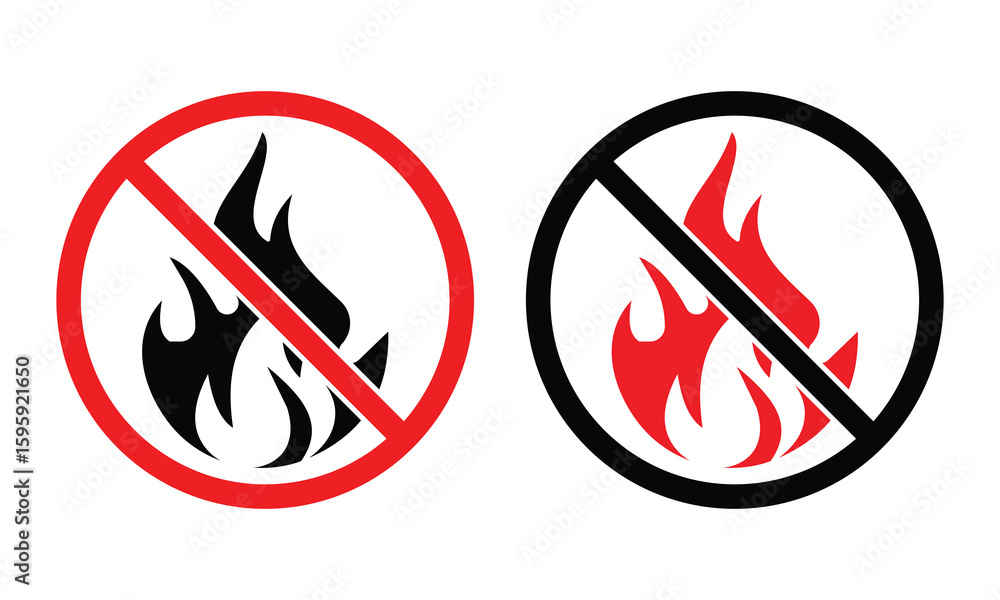 Stop fire vector icon. Stop fire sign with flame. No fire restriction vector icon set. Bonfire silhouette logotype. No fire flame sign symbol. Stop fire vector icon. Stop fire sign with flame. No fire restriction vector icon set. Bonfire silhouette logotype. No fire flame sign symbol.