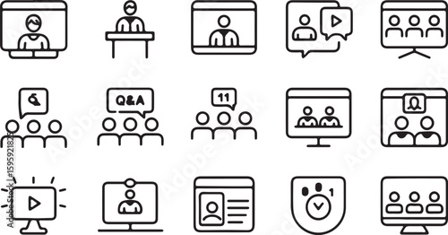 Set of icons representing online meetings webinars video conferences and virtual events perfect for illustrating remote communication and collaboration in a digital environment in a