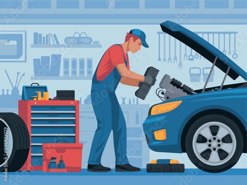 Automotive mechanic repairing car engine in garage auto repair shop maintenance service and vehicle inspection is done