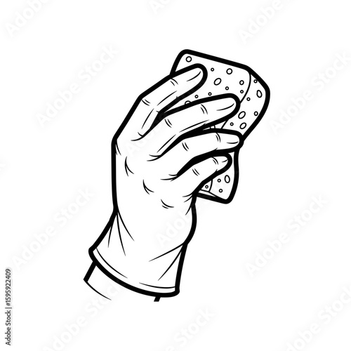 hand with sponge, rubber glove, cleaning action, monochrome illustration, household chores