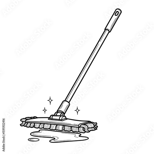 mop with liquid, cleaning tool, shining floor, monochrome illustration, household cleaning