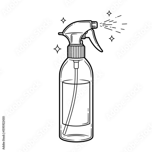 cleaning spray bottle, liquid dispenser, household cleaning tool, monochrome illustration