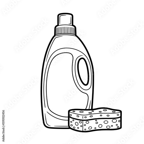 dishwashing liquid, sponge, kitchen cleaning supplies, monochrome illustration, household essentials