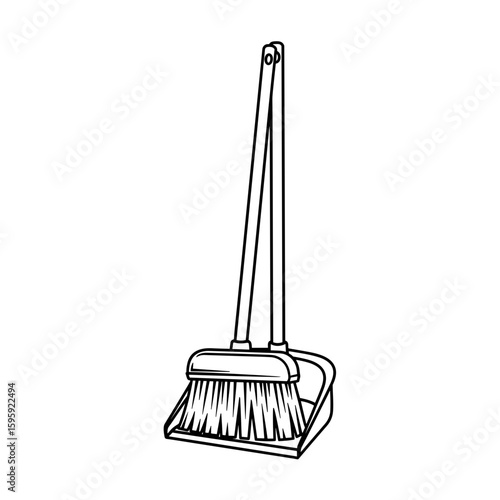 cleaning tools, minimalistic design, dustpan and broom, black and white, simple concept