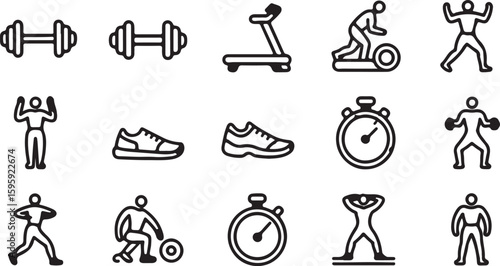 Set of fitness and exercise icons in outline style including treadmill dumbbell running shoes timer and weightlifting perfect for gym or health related designs