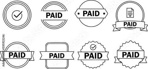Collection of paid stamps with various designs including circles and ribbons in black and white line art