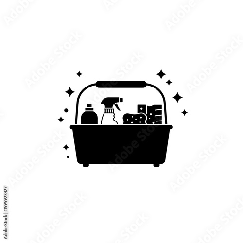 Cleaning supplies caddy icon design in black and white for household concept
