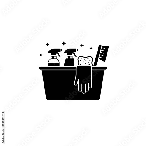 Cleaning supplies basket icon design in black and white for household concept