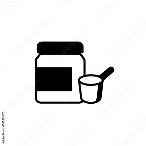 Container with scoop for dietary supplement, simple design, monochrome colors, copy space