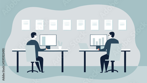Two employees working at desks with computers and documents on the wall in a modern office space