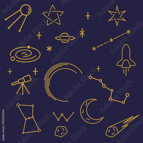 シンプルな宇宙モチーフの線画セット。星座、ロケット、惑星、月、流れ星、宇宙船、天体観測アイコンなどを含むミニマルなベクターイラスト
