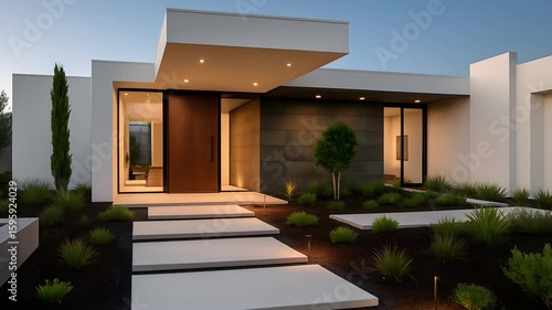 Modern Luxury House Exterior with Minimalist Architecture, Illuminated Entrance, and Contemporary Landscaping at Dusk