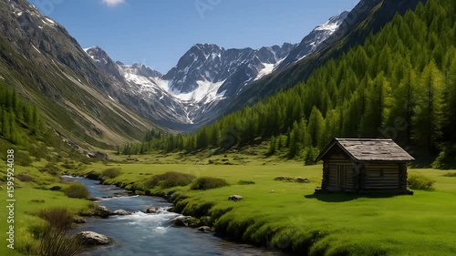 Idyllic Mountain Valley with Flowing Stream, Wooden Cabin, Lush Green Meadows, and Snow-Capped Peaks under Blue Sky