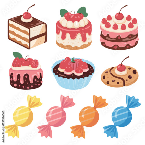 Delicious cakes and candies vector illustration for bakery confectionery and sweet shop design concept