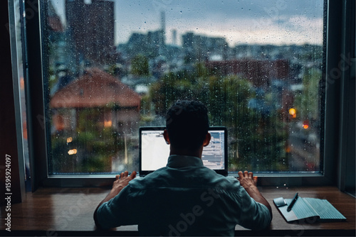 パソコン操作の男性　雨の日