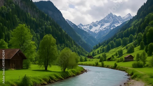 Scenic Mountain Valley with Flowing River, Green Meadows, Alpine Trees, and Snow-Capped Peaks in Peaceful Countryside