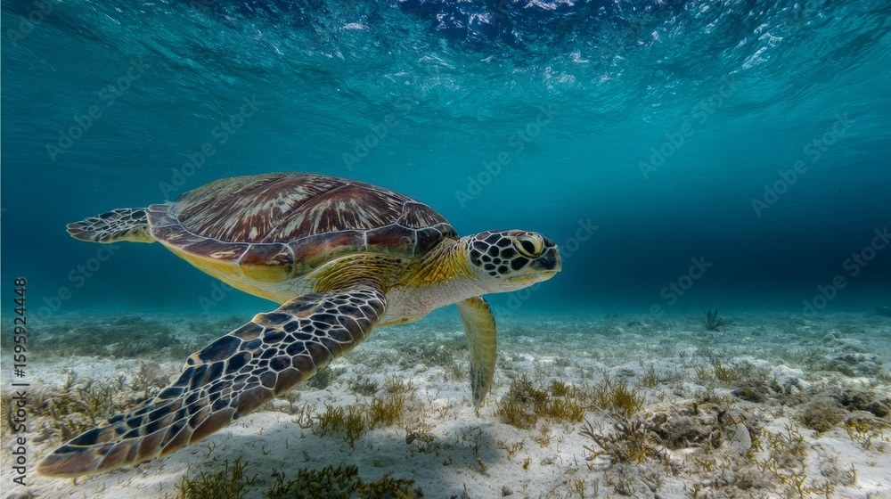 Fototapeta premium Green sea turtle swimming peacefully in clear ocean waters near a coral reef. 