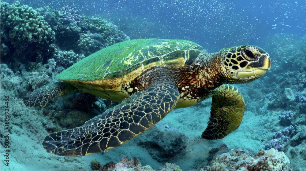 Fototapeta premium Green sea turtle swimming peacefully in clear ocean waters near a coral reef. 