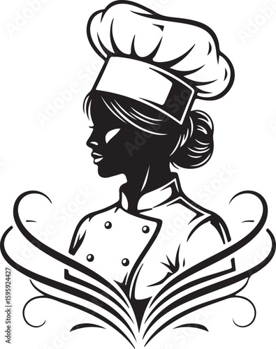 Vector art of silhouette of a female chef in uniform with a tall hat