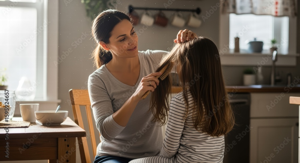 Fototapeta premium Loving Mother Brushing Long Brown Hair of Daughter in Bright Kitchen