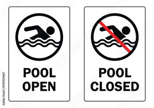 swimming pool open and close sign in black and white background
