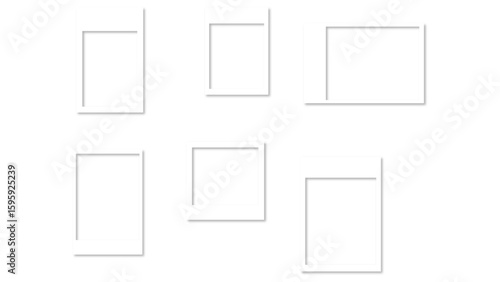 Empty white photo frame set with shadow. Retro vintage photograph with transparent adhesive tape. Digital snapshot image. Template or mockup for design. Vector illustration