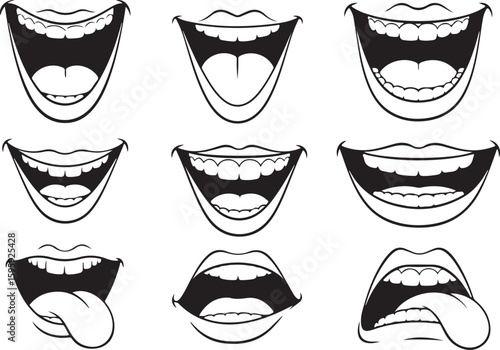 Vector art of collection of nine cartoon mouths laughing and smiling