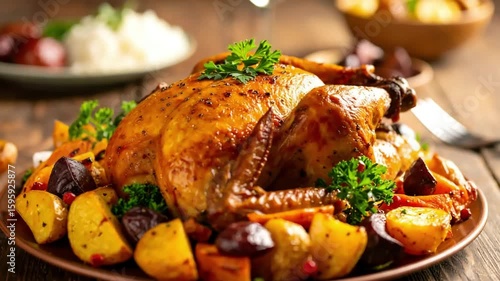 Delicious Roast Chicken with Colorful Vegetables on a Wooden Table - A Mouth-Watering Feast